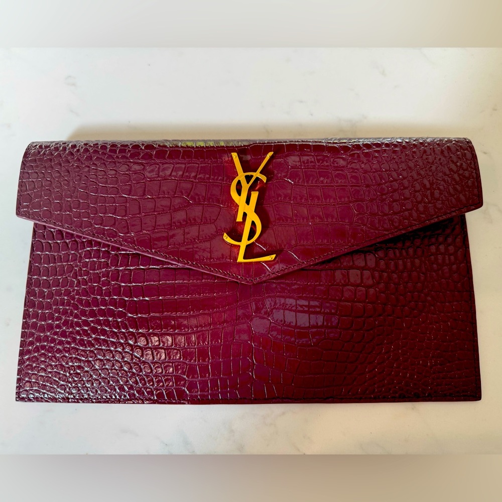 Stunning Saint Laurent YSL Uptown Clutch - Beautiful Maroon Limited Croc Pattern
